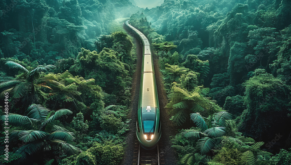 Poster a futuristic high-speed train traveling through a lush, dense forest with an expansive view of green