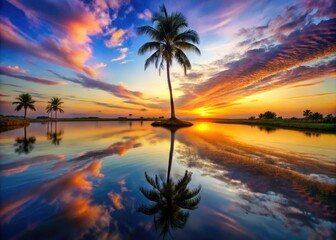 Fototapeta premium Vibrant palm tree silhouettes dance over the tranquil pond, enchanting reflections swirl beneath a surreal dusk sky, painting the scene in dreamlike hues of twilight.
