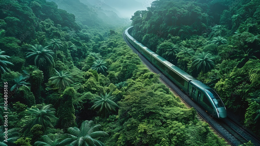 Poster a futuristic high-speed train traveling through a lush, dense forest with an expansive view of green