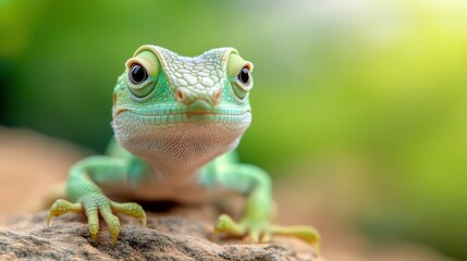 Vibrant green gecko perched on a rock with a blurred natural background, AI