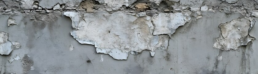 A weathered concrete wall with peeling paint, revealing the underlying gray surface.
