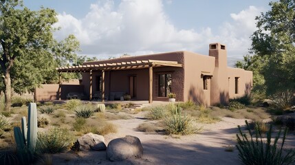 Fototapeta premium A traditional adobe house in the New Mexico desert, with flat roofs, thick clay walls, and wooden vigas. The yard has cacti and desert landscaping