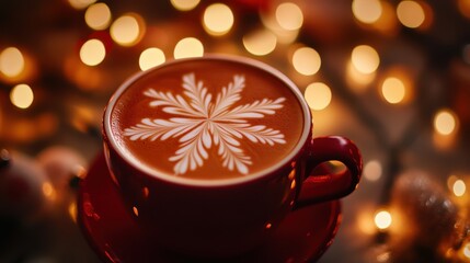Obraz premium A beautifully crafted latte art snowflake design in a vibrant red