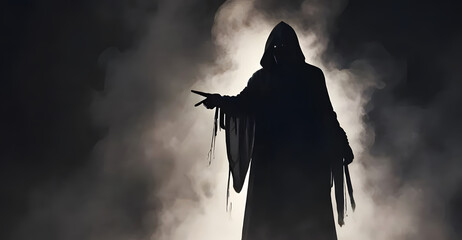 A dark hooded grim reaper with a skull face pointing at a direction with a dark background. Smoke with background halloween and fall season; horror and scary and death.