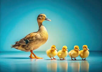 Obraz premium Yellow rubber duck family in soft light, embodying a minimalist Motherâ€™s Day theme, capturing warmth and simplicity, perfect for celebrating maternal bonds with elegance.