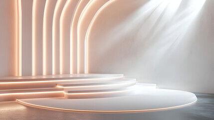 Fototapeta premium Abstract Minimal Modern White Podium Platform For Product Display Minimal white round product podium showcase stage on circular background. Abstract object and business advertising concept