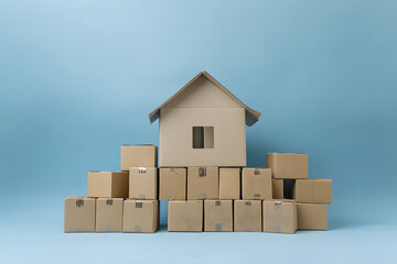 Creative cardboard house model surrounded by stacked empty boxes on a blue background