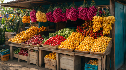 Colorful Stalls at a Local Farmers Market, Displaying Fresh Fruits, Vegetables, and Handcrafted Goods Under a Sunny Sky
