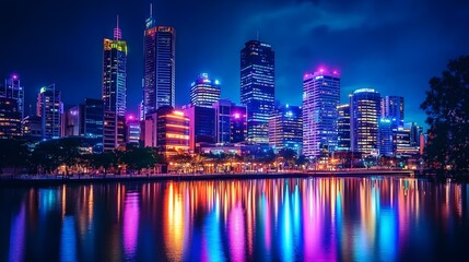 Obraz premium A vibrant city skyline at night, with skyscrapers illuminated by neon lights and reflections in a nearby river, creating a futuristic atmosphere