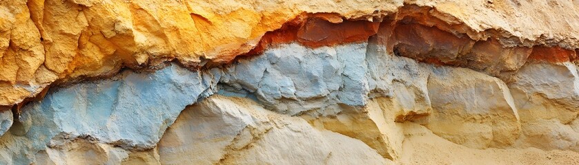 Fototapeta premium Close-up of a Rugged Cliff Face with Layers of Yellow, Orange, and Grey Rock