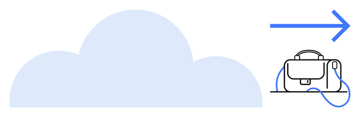 Cloud icon connected to a briefcase by a wire with a blue arrow pointing right. Ideal for business, data storage, remote work, cloud services, connectivity, technology, and workflow themes. Line