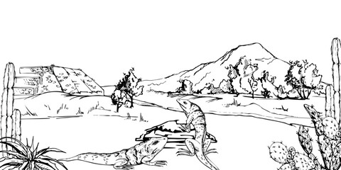 Mesoamerica Aztec ancient pyramid ruins on plain grassy field with trees cacti iguanas, mountains hills backdrop, isolated scenic landscape. Hand drawn ink vector illustration for nature tours travel