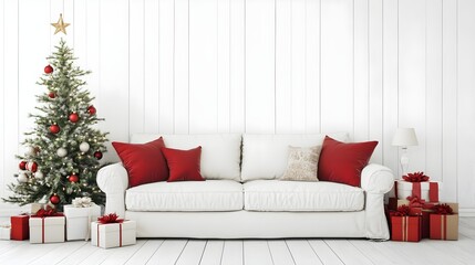 Fototapeta premium A white living room decorated for Christmas with a tree, gifts, and a white sofa with red pillows. Empty white wall for wall art mock up