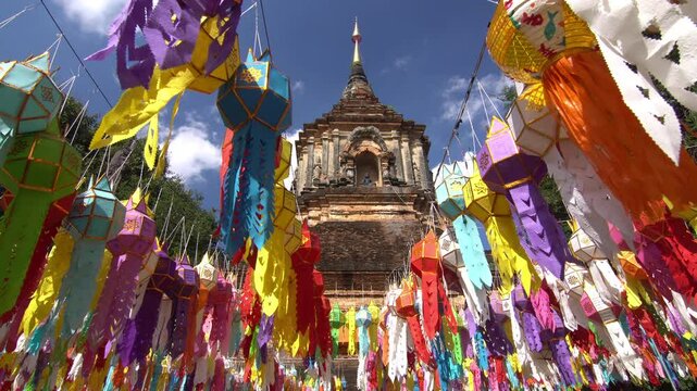 Paper lanterns in the Yee Peng Festival decorate around Chiang Mai downtown, Thailand.