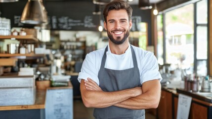Fototapeta premium In a warm cafГ© setting, a cheerful chef stands confidently with arms crossed, wearing an apron and showcasing a friendly smile. The bright interior is bustling with energy and warmth