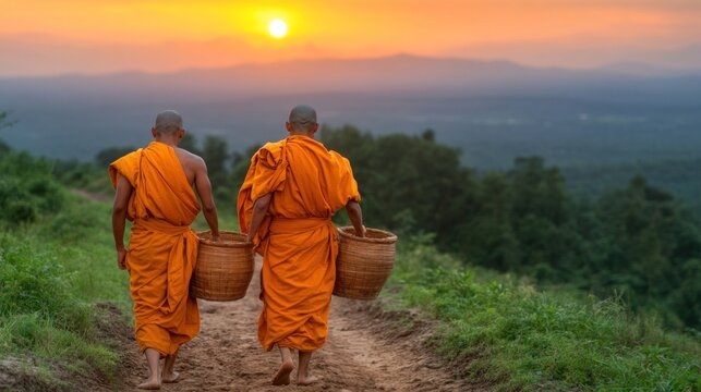Monks walking barefoot on an alms round, symbolizing humility and devotion in Buddhist monastic life