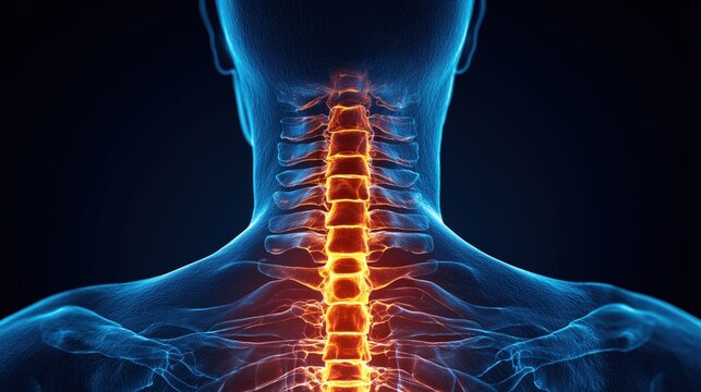 3D Anatomy of Spine with Nerve Connections. Detailed 3D illustration showing the anatomy of the cervical spine and nerve pathways, focusing on spinal health and physiology.