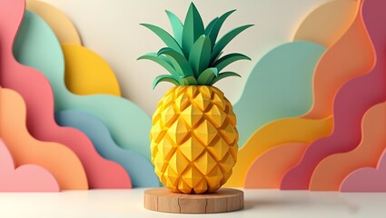 A 3D render of a conceptual photograph vibrant pineapple meticulously crafted from cut paper