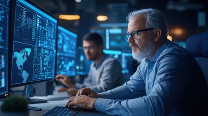 Two individuals work intently at their computers, surrounded by illuminated screens displaying various data analytics in a high-tech office setting at night
