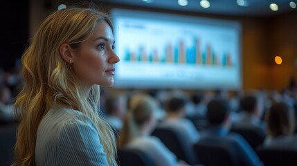 A businesswoman delivering a presentation to a conference room of focused professionals, with a large screen showing charts and graphs.