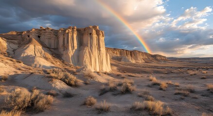 A Rainbow Arcs Over Eroded White Cliffs in a Desert Landscape