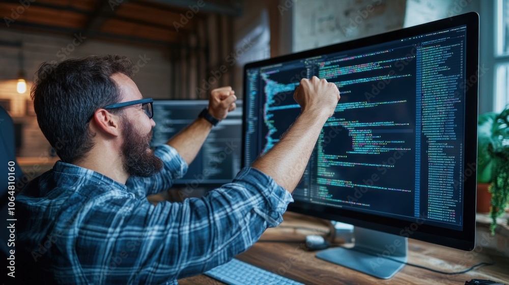Poster developer celebrating after solving a difficult coding problem, showcasing the sense of accomplishme