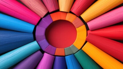Obraz premium A circular display filled with various paint sticks arranged in a vibrant spectrum of colors against a dark background invites creativity and artistic exploration
