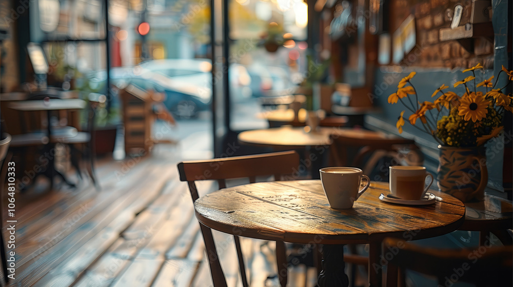 Poster inside coffee shop with a few tables and chairs and coffee cups on table.