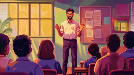 A colorful classroom setting with a male teacher greeting