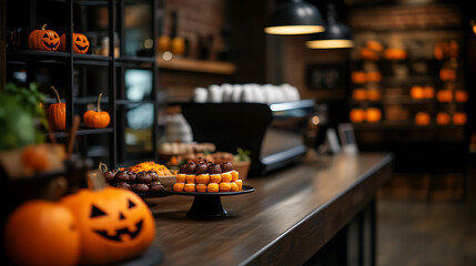 A festive display of Halloween treats and decorations in a cozy cafe setting.