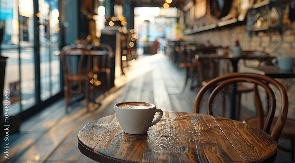 Aufkleber inside coffee shop with a few tables and chairs and coffee cups on table.