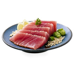 Delicious Sashimi Plate Featuring Fresh Raw Tuna Topped with Sesame Seeds and Accompanied by Soy Sauce for Culinary Delights