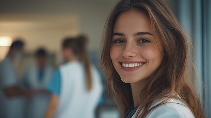 Fototapeta premium Young Female Doctor Smiling in Hospital Hallway. Young female doctor smiles confidently in a hospital hallway, representing healthcare professionalism and patient-friendly interaction.