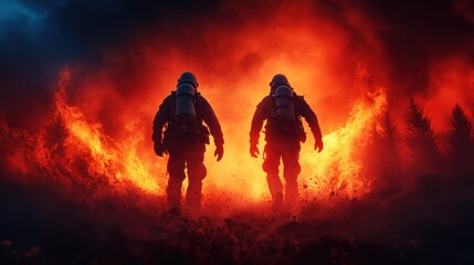 Fototapeta premium Two firefighters bravely move toward a fierce wildfire as flames erupt around them, casting an orange glow against the darkening sky during twilight hours