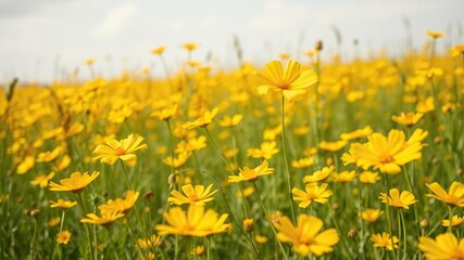 Obraz premium Field of golden cosmos flowers with a slight breeze, causing the delicate petals to sway gently, natural beauty, wildflowers