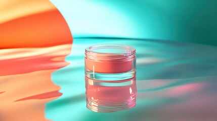 Captivating Cosmetic Bottle Reflecting Radiant Colors in Minimalist Studio Setting