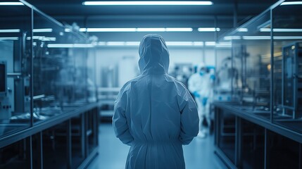 Fototapeta premium Lab Technician in Sterile Lab with Equipment. Lab technician in a protective suit walks through a sterile laboratory, emphasizing safety and precision in pharmaceutical development.