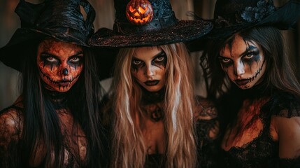 Obraz premium Group of friends dressed as witches and monsters celebrating at a Halloween party, joy and creativity of the holiday