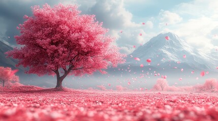 A cherry blossom tree in full bloom, with soft pink petals falling and scattering in the windใ