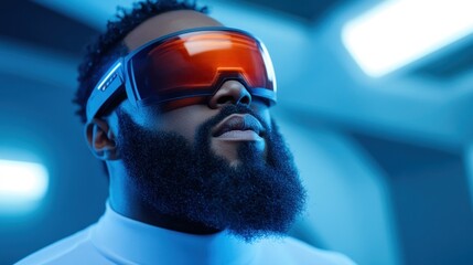 A man with a beard dons advanced virtual reality goggles, fully immersed in an engaging digital experience within a futuristic space illuminated by blue lights