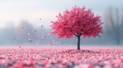 A cherry blossom tree in full bloom, with soft pink petals falling and scattering in the windใ