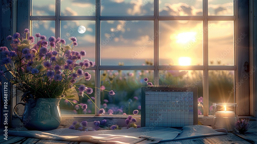 Poster a beautiful foreground image of a month long calendar, on a wall, sitting on a table is a background