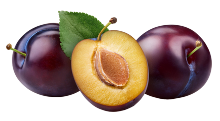 plums with leaves isolated