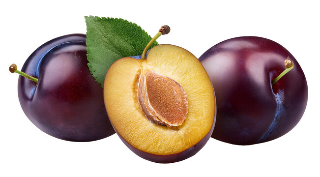 plums with leaves isolated