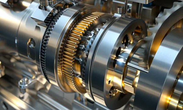 Close-up of a complex metallic gear mechanism showcasing precision engineering.