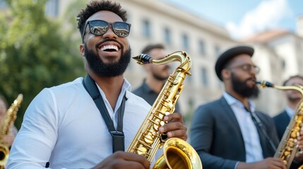 Fototapeta premium The saxophonist smiles broadly as he plays his instrument in a vibrant outdoor setting. Surrounded by fellow musicians, the group fills the air with lively melodies under a clear blue sky