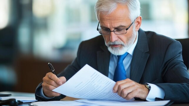 A well-dressed man with gray hair examines important documents while seated at a sleek office desk. Bright natural light fills the workspace, indicating late morning or early afternoon - Powered by Adobe
