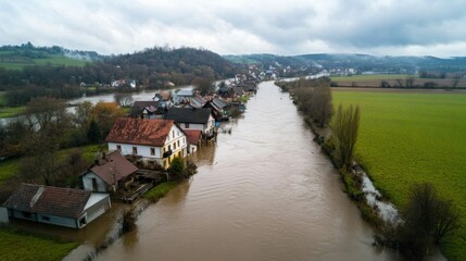 Fototapeta premium This aerial perspective captures a village partially submerged in water due to significant rainfall, with houses lining the swollen riverbanks amidst vast green fields