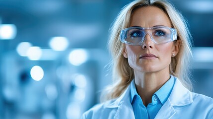 A dedicated scientist examines complex data with intense concentration while wearing protective goggles and a lab coat in a bright laboratory environment