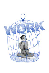 Vertical collage picture of black white colors girl locked inside painted work bird cage isolated...
